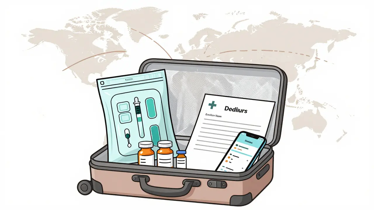 Medical kit with insulin pouch, prescriptions, and doctor's note in carry-on suitcase