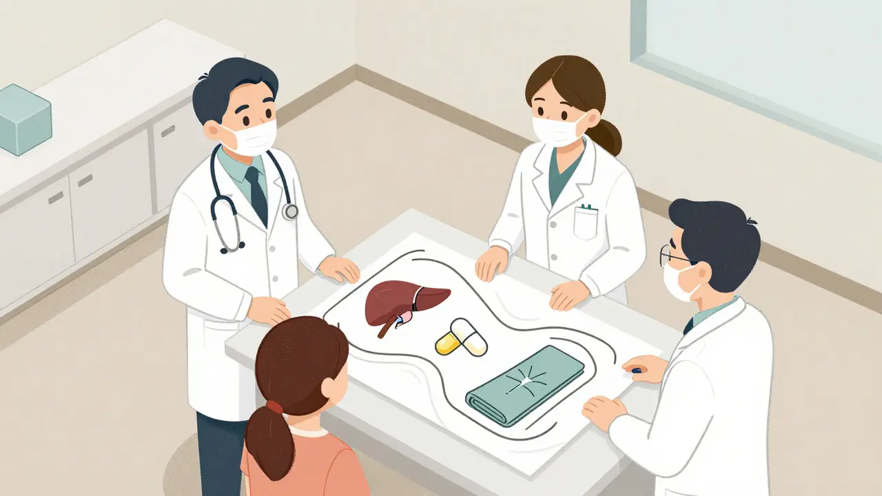 Medical team coordinating care around a patient's chart, minimalist line art