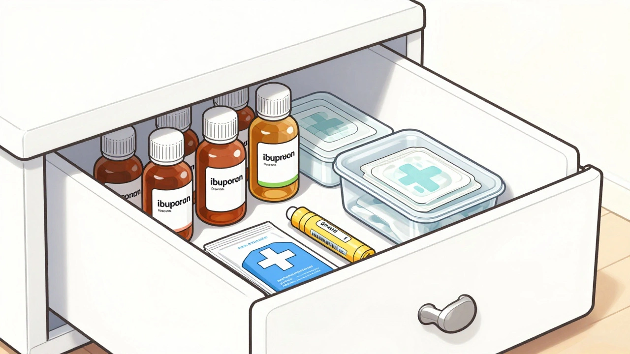 Neatly organized first-aid kit in a cool, dry bedroom drawer with labeled bottles.