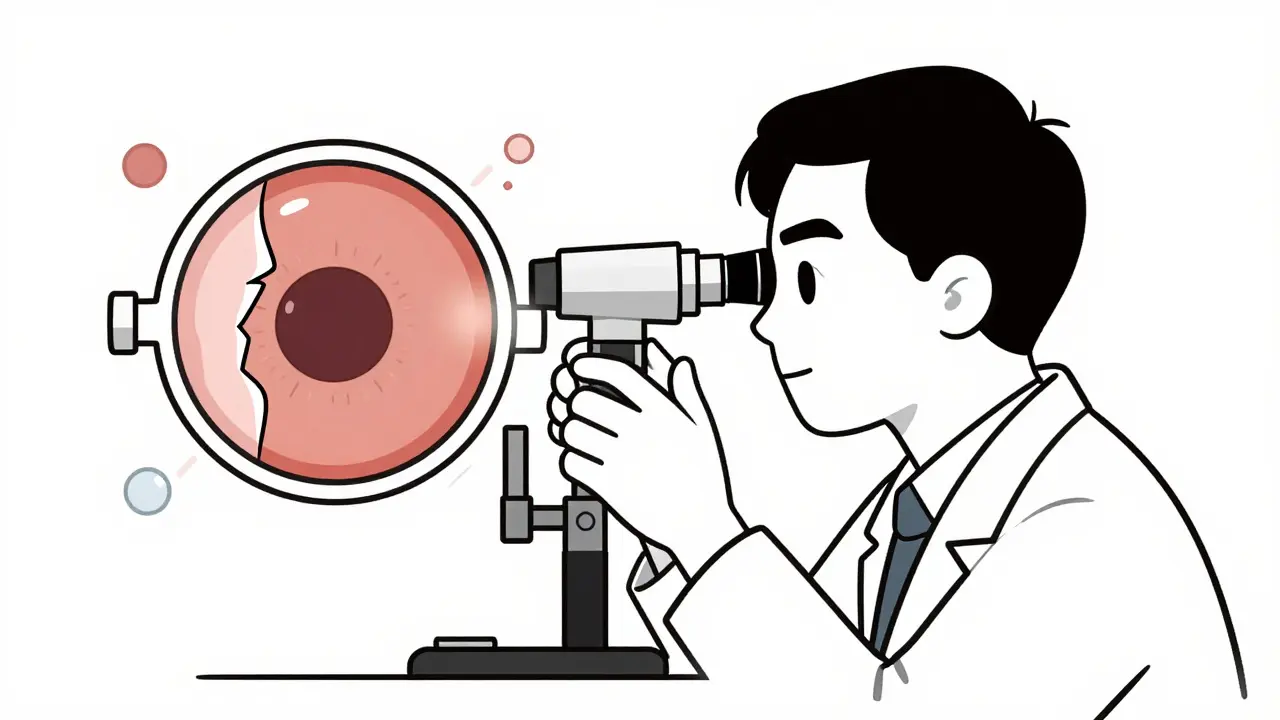 Ophthalmologist examines an eye with a light, showing retina detaching in cross-section.