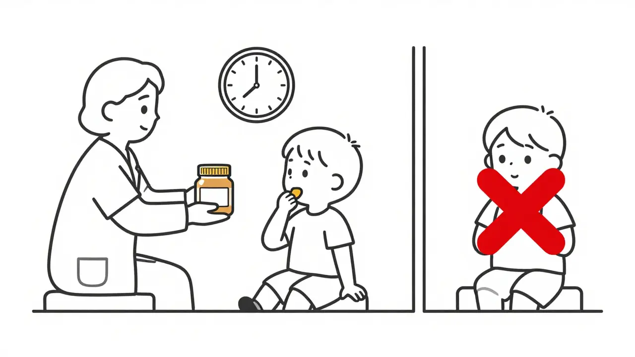 Parent giving peanut food to child while a clock ticks, contrasting avoidance vs. early introduction for allergy prevention.