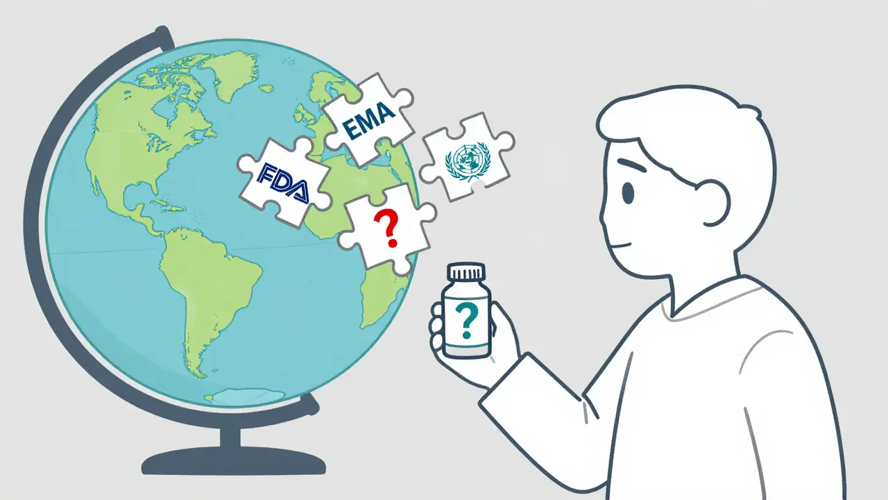 Patient holding a pill surrounded by mismatched global drug regulatory logos.