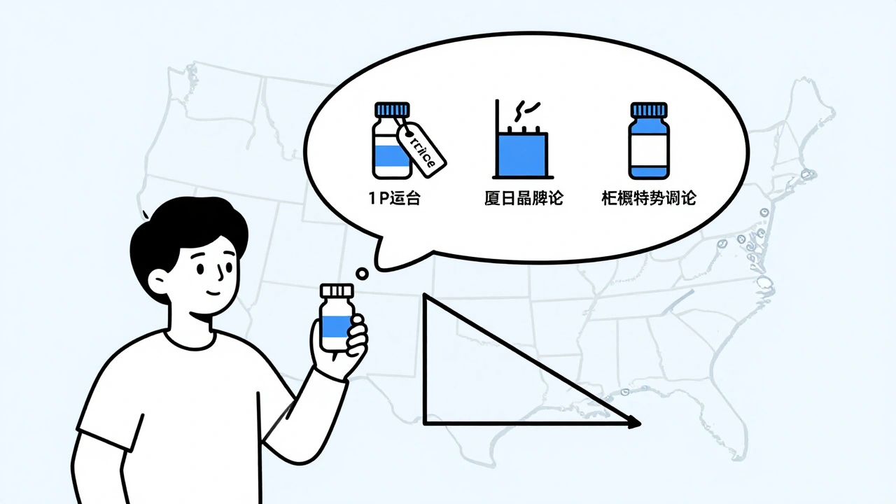 Patient holding pill bottle with thought bubble comparing brand, regular generic, and authorized generic.