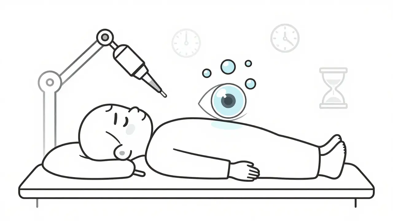 Patient lies face-down with gas bubbles in eye, surgical tools nearby, time icons fading around.