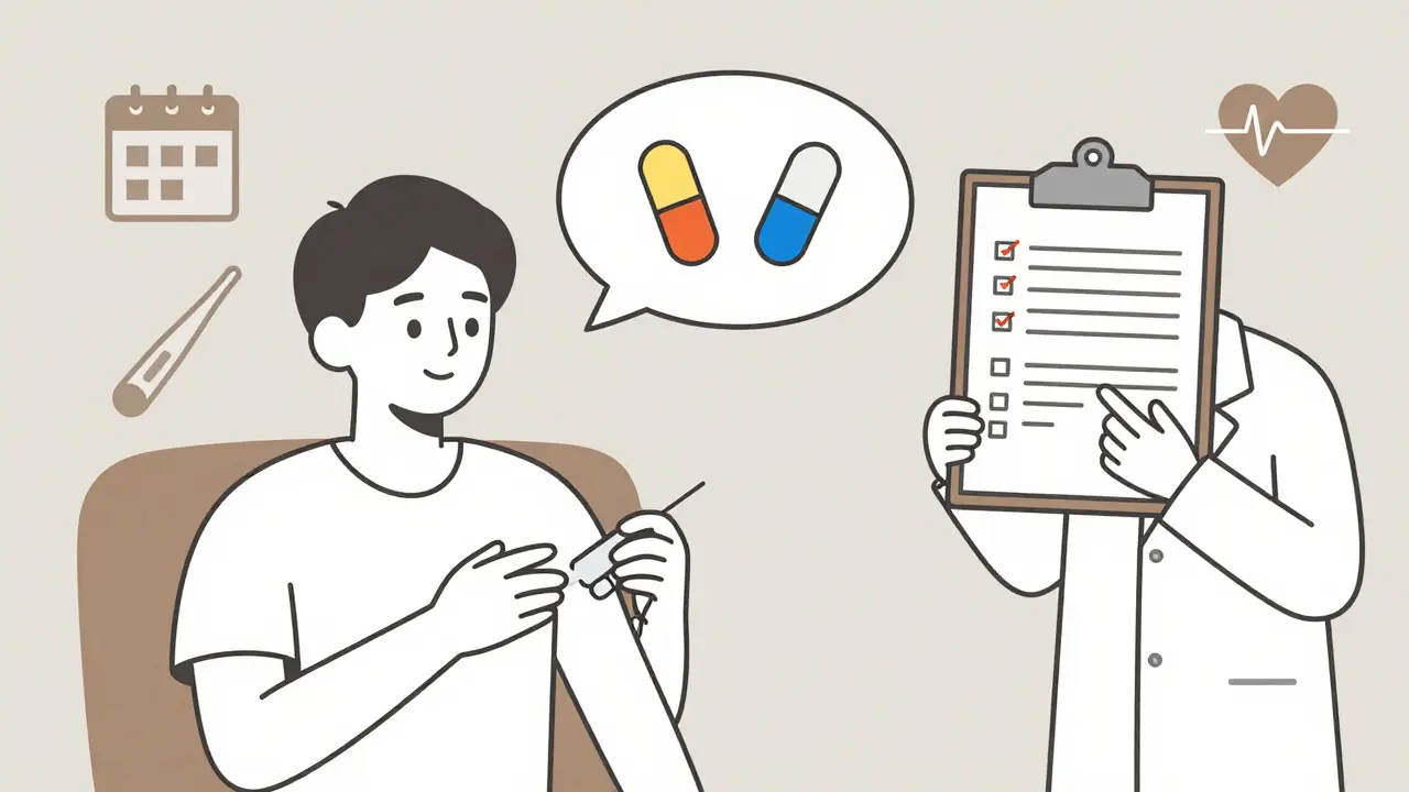 Patient receiving injection with thought bubble showing different colored pills and pharmacist guidance