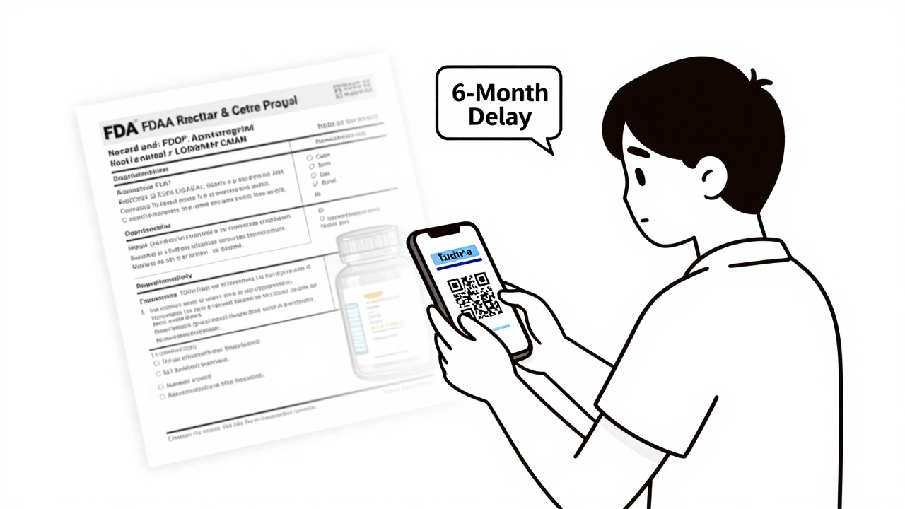 Patient scanning QR code on generic drug bottle to view latest FDA-approved label on smartphone.