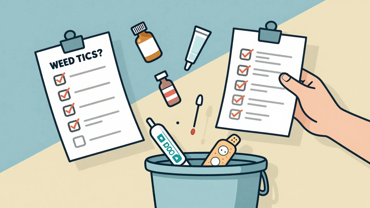 Person discarding expired meds and replacing them with fresh supplies in a first-aid kit.