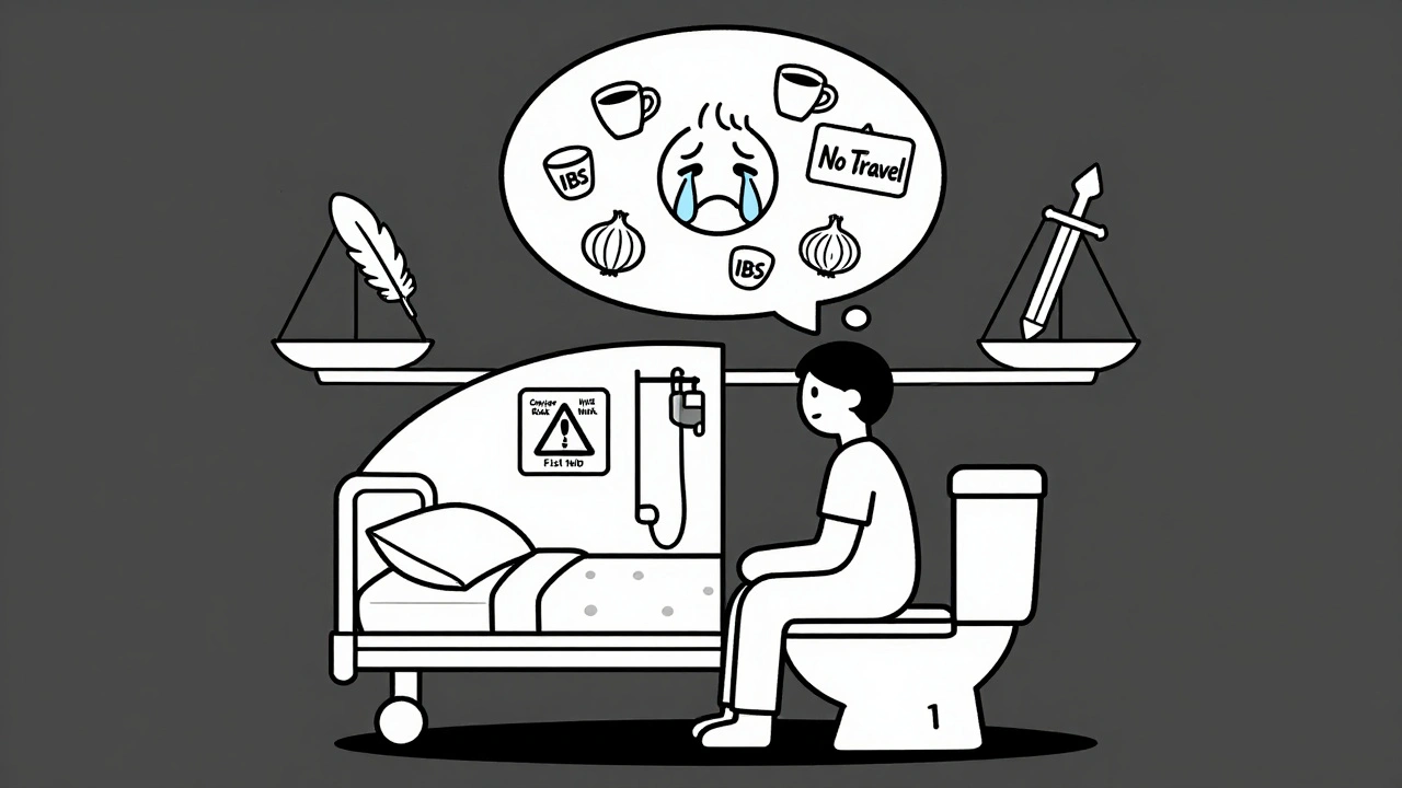 Person on toilet with thought bubble showing IBS triggers on top and IBD dangers below, balanced by nervous system and immune war symbols.