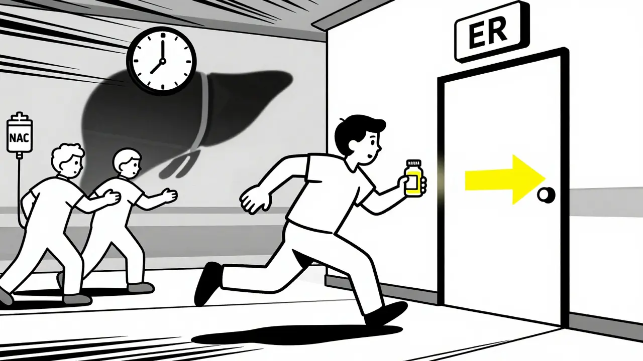 Person rushing to ER with pill bottle as clock ticks past 12 hours and liver fades in background.