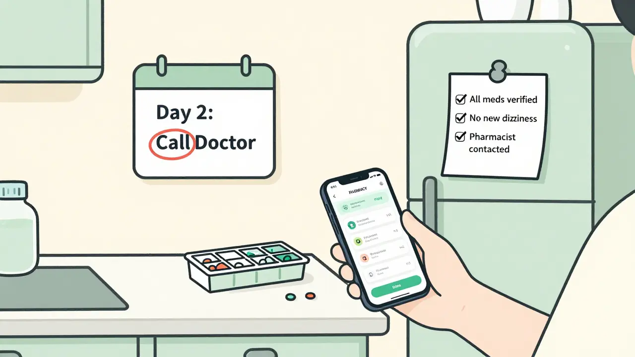 Person verifying meds at home with phone and pill organizer, calendar showing follow-up
