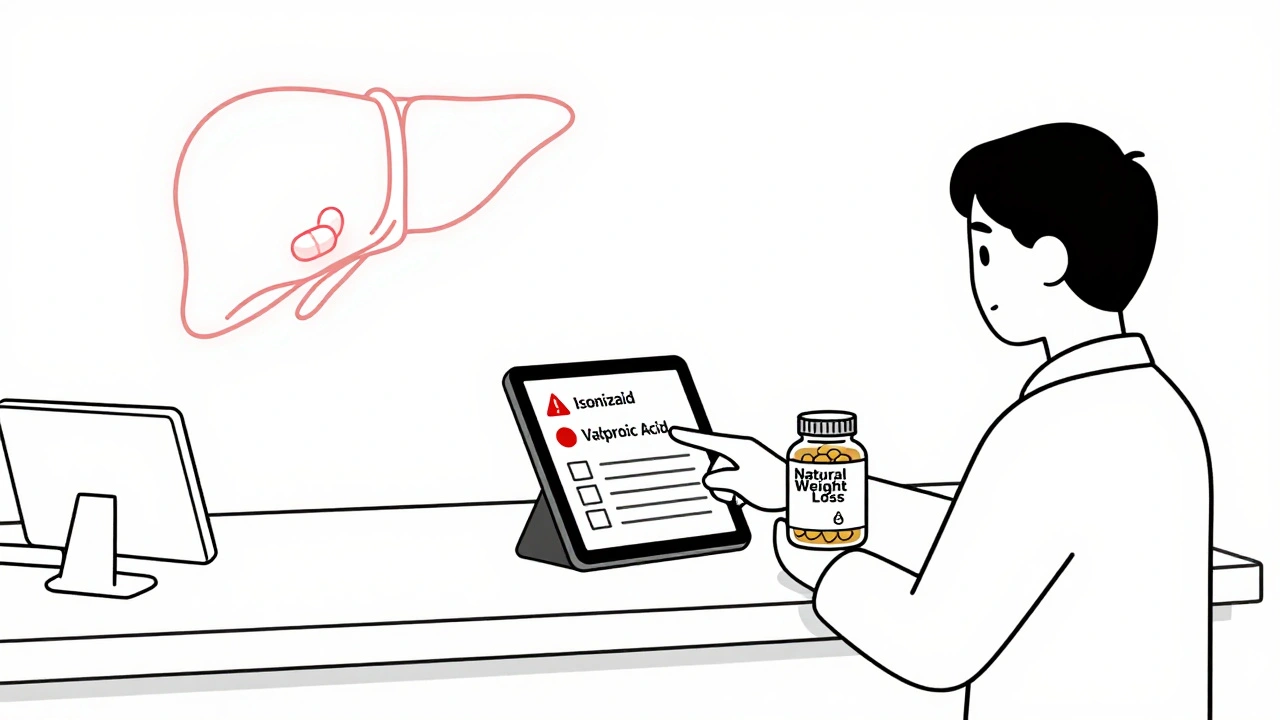 Pharmacist alerting patient to dangerous drug interaction, with herbal supplements and healing liver.