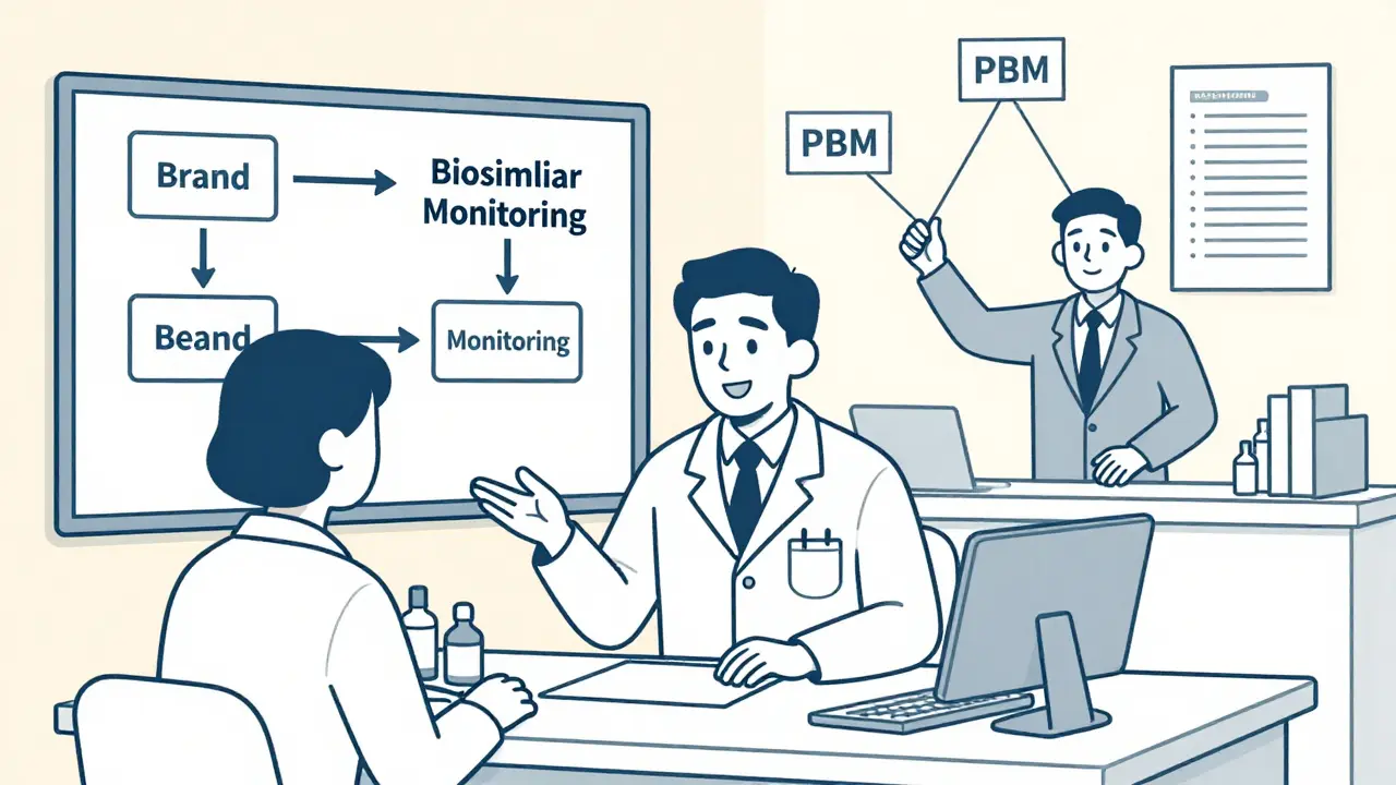 Pharmacist explaining biosimilar to patient while PBM pulls pricing strings in background