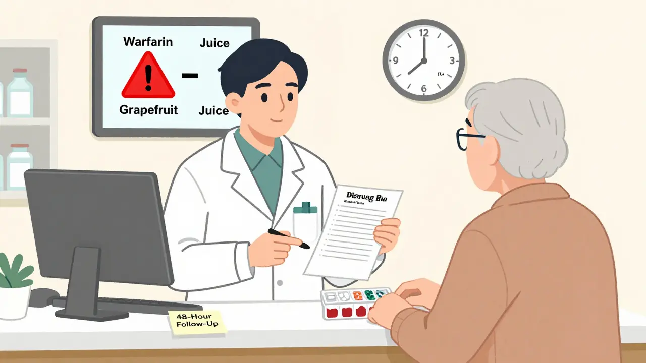 Pharmacist explaining discharge meds to patient, with warning icon on screen