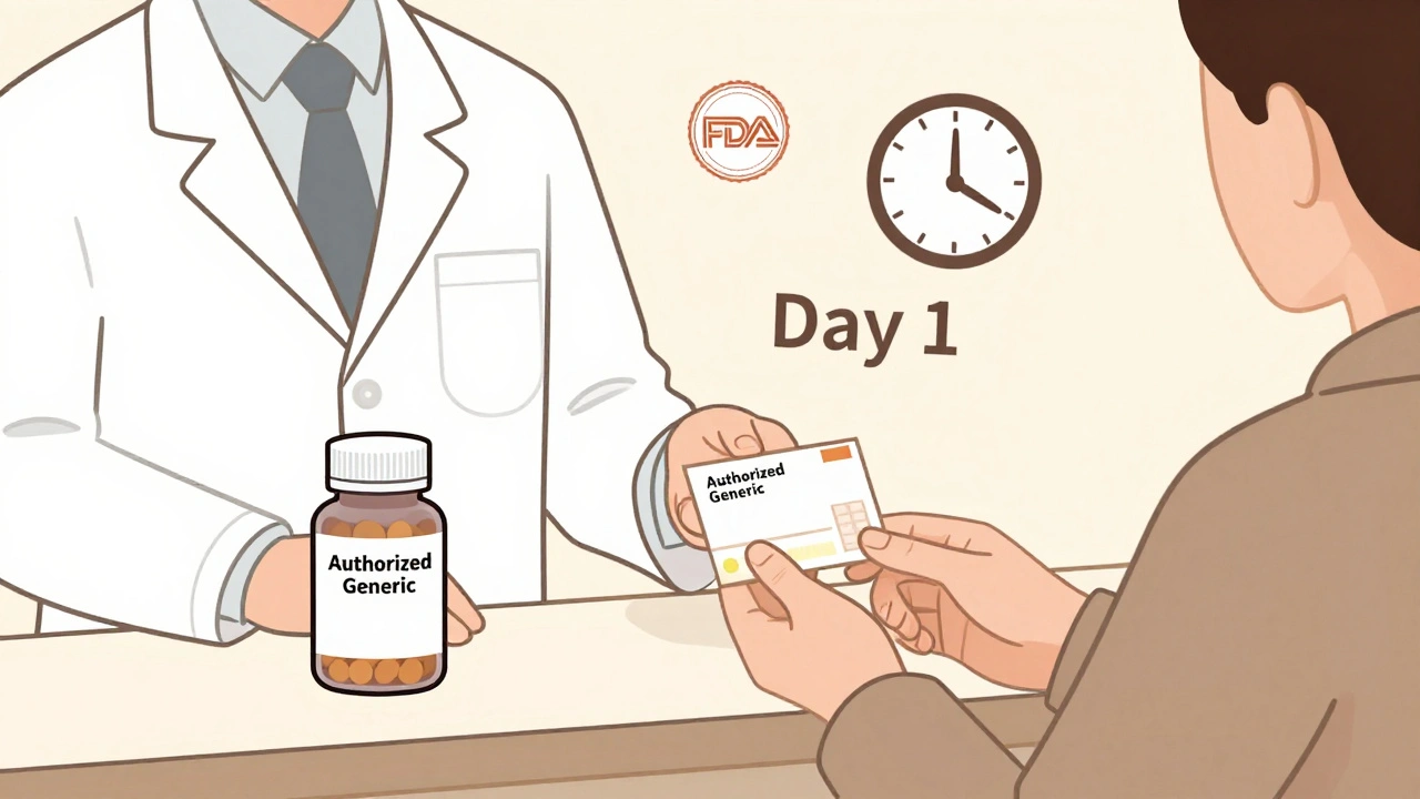 Pharmacist handing a prescription with two identical pill bottles, one branded, one authorized generic.