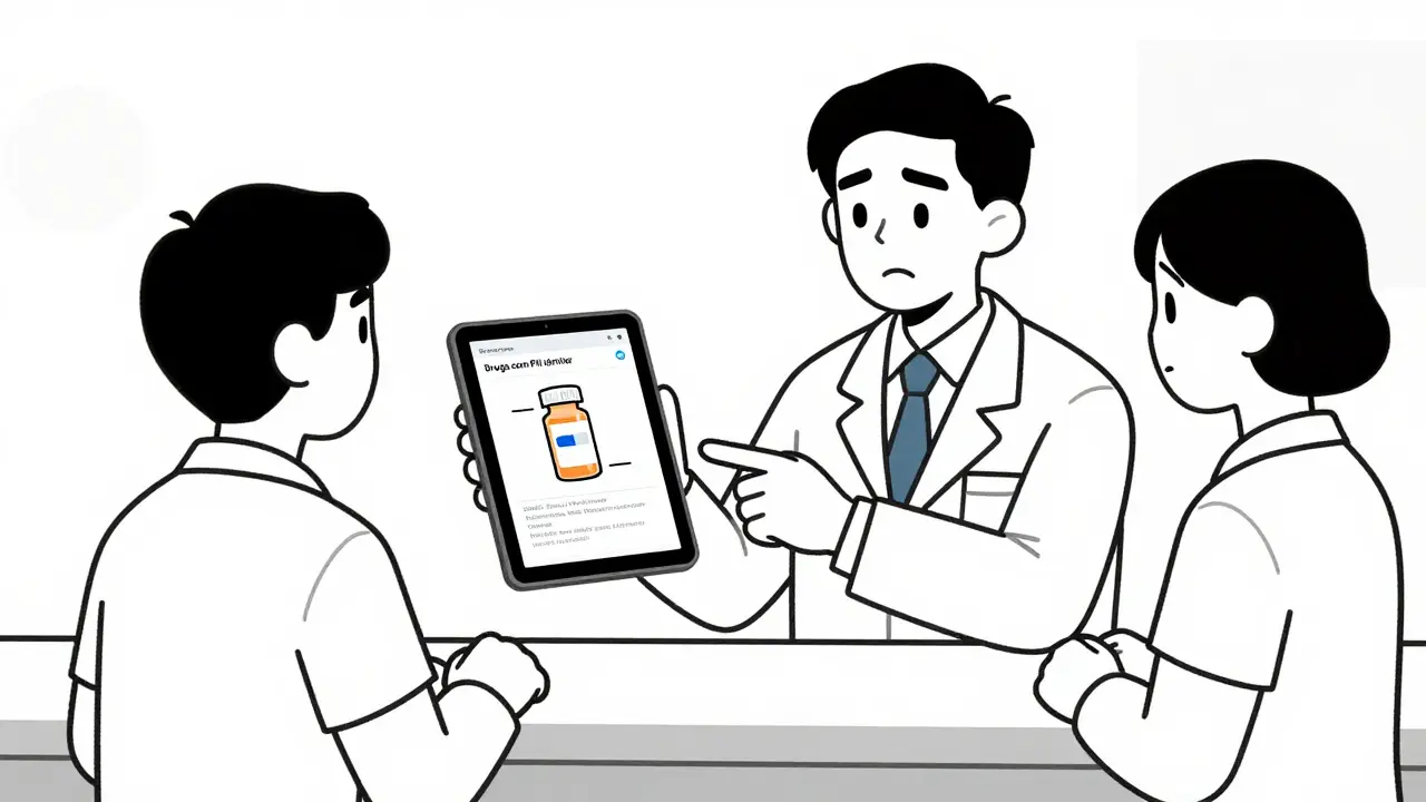 Pharmacist showing a patient how to identify a pill using a digital tool.