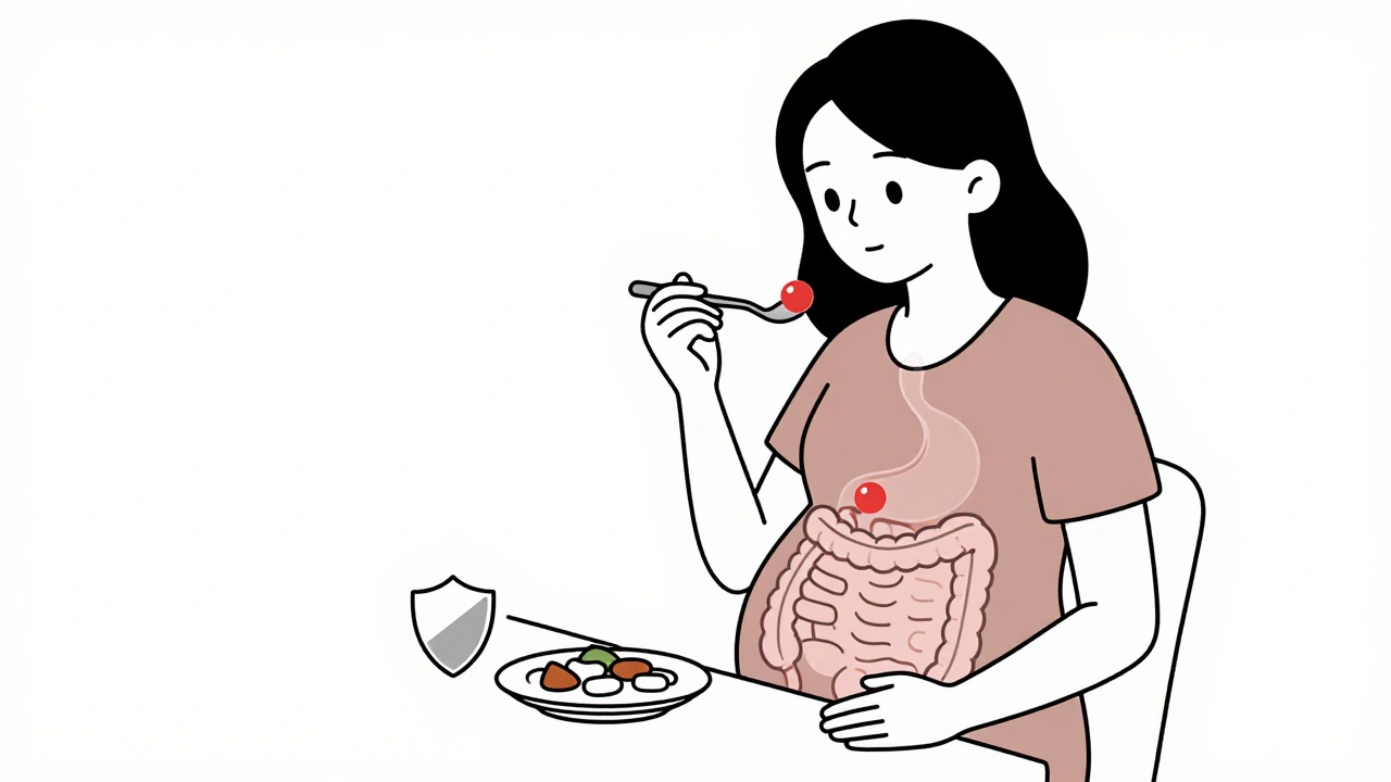 Pregnant woman eating small meal with digestive system diagram showing blocked acid.