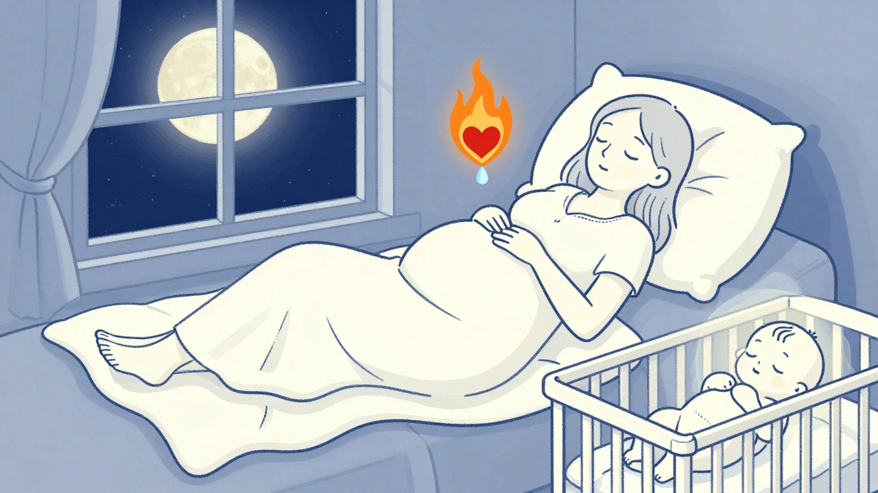 Pregnant woman sleeping elevated with extinguished heartburn flame and baby nearby.