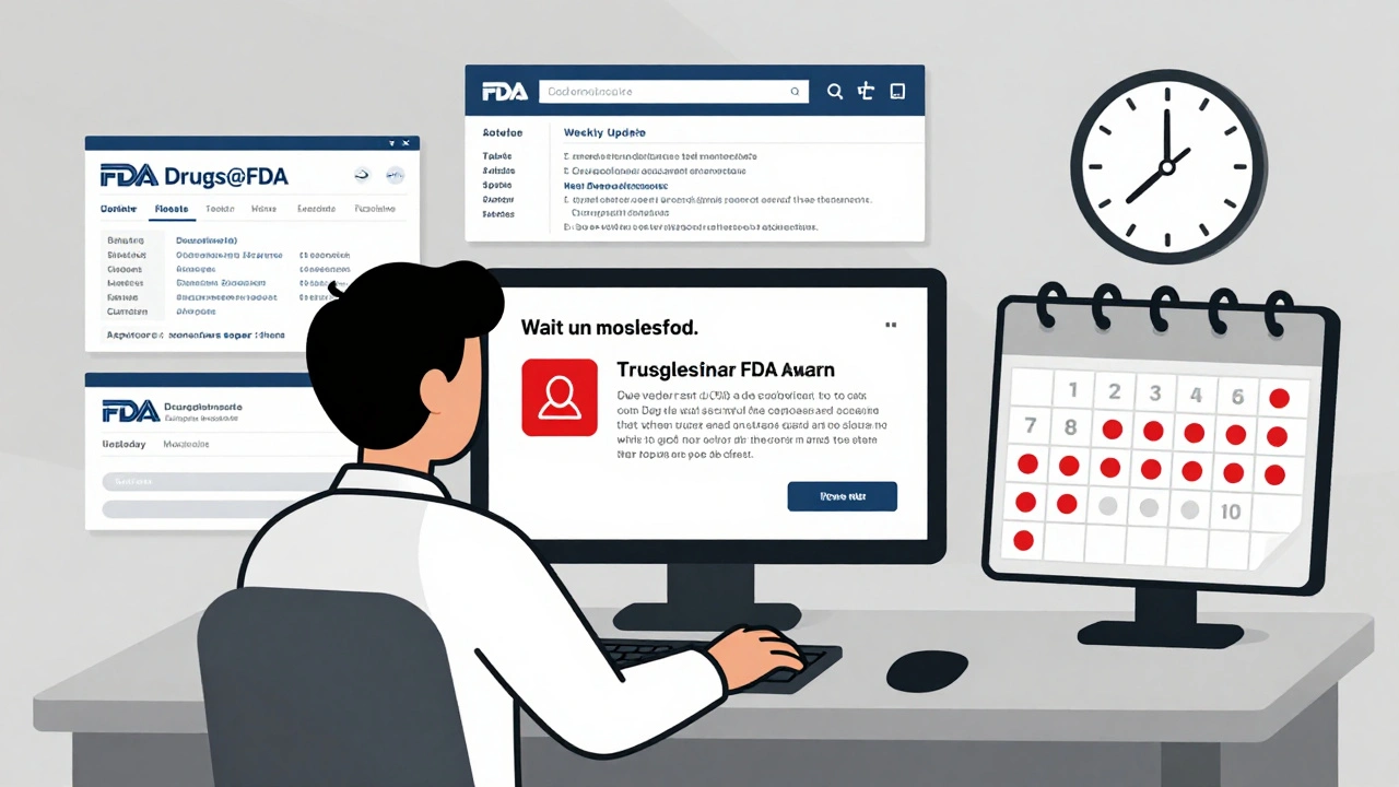 Regulatory analyst monitoring FDA database updates on multiple screens with a calendar showing weekly label change alerts.