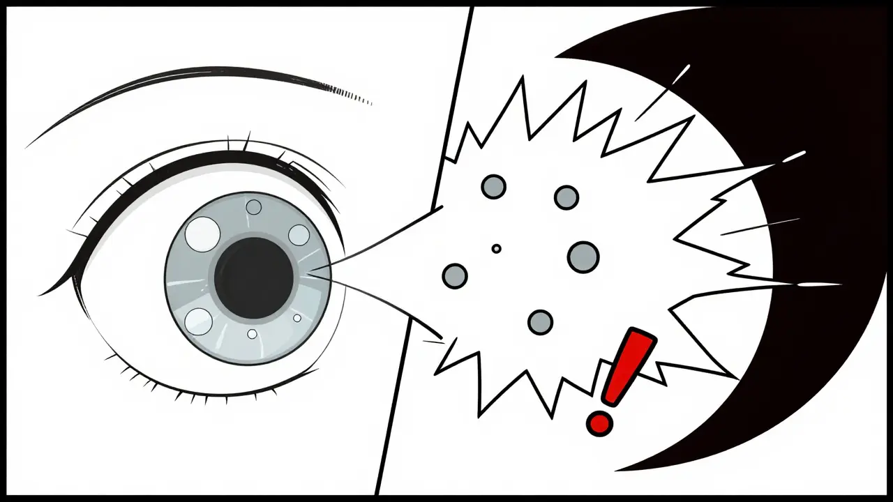 Split illustration showing normal floaters versus emergency signs: sudden floaters, flashes, and a dark shadow.