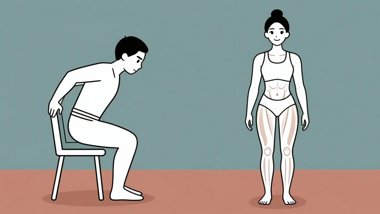 Split illustration showing someone struggling to stand versus standing easily, highlighting muscle strength improving hip function.