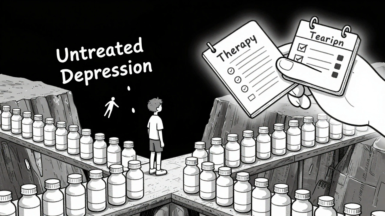 Teen on a bridge of pills, looking into depression's chasm as a hand offers therapy and monitoring.