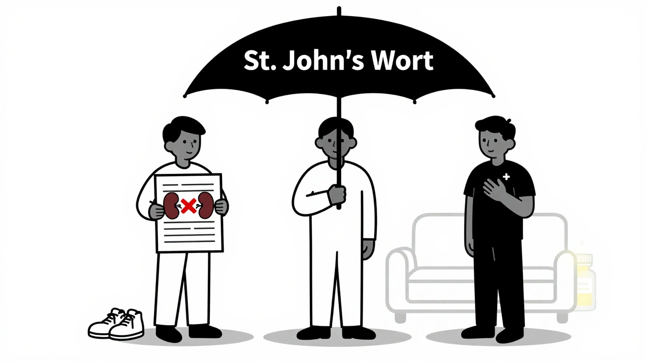 Three people affected by St. John’s Wort interactions under a dark umbrella, safe alternatives in distance