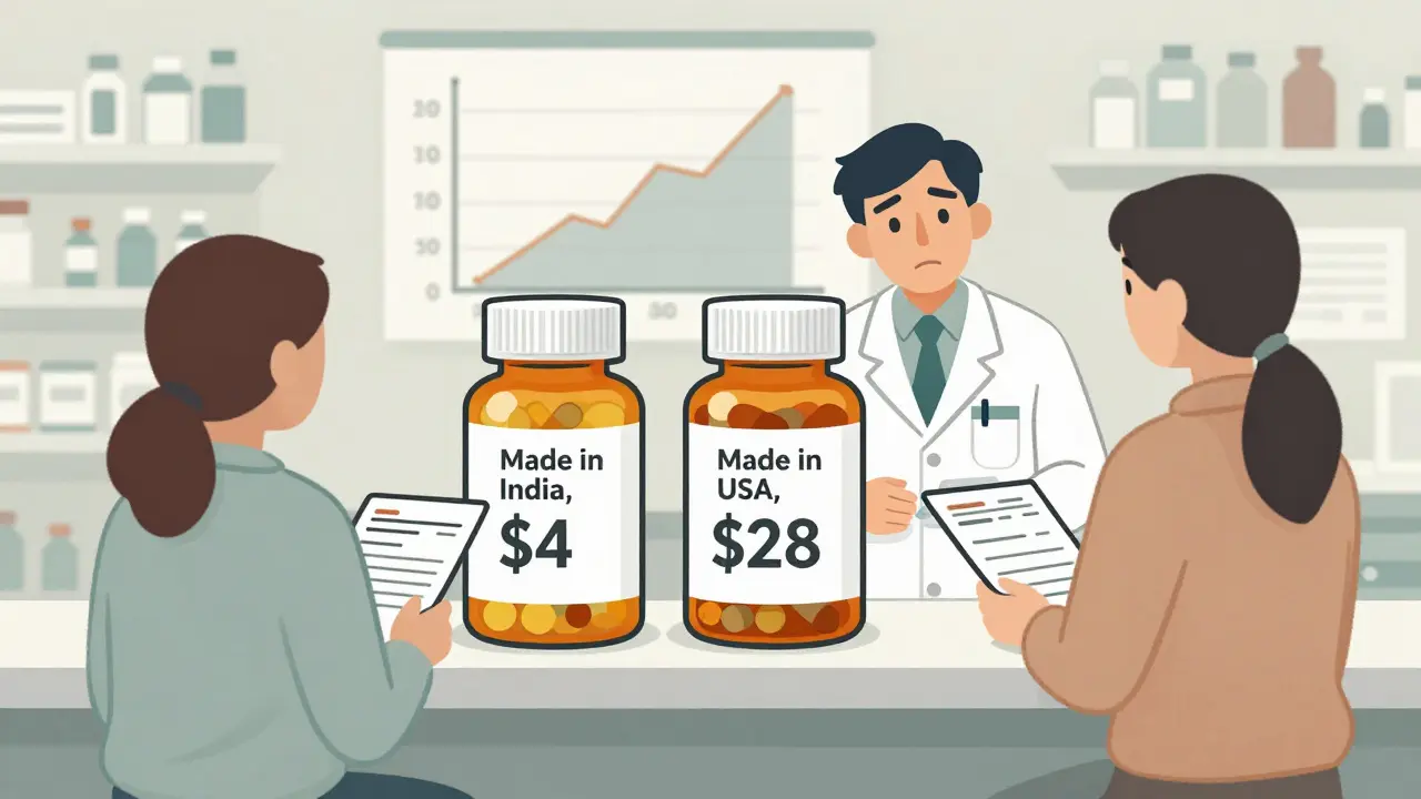 Two identical pill bottles with vastly different prices on a U.S. pharmacy counter.