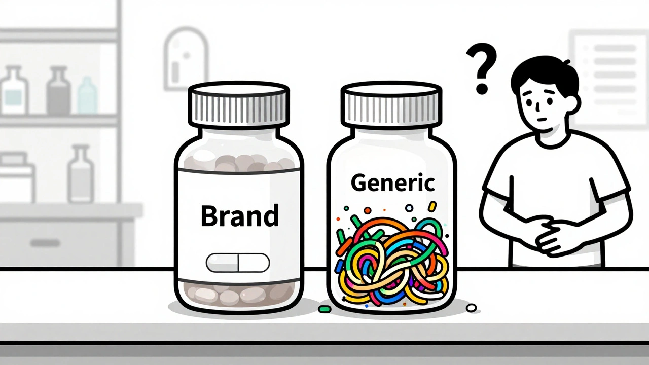 Two pill bottles side by side: one simple, the other overflowing with colorful excipient lines, a patient looking uneasy.