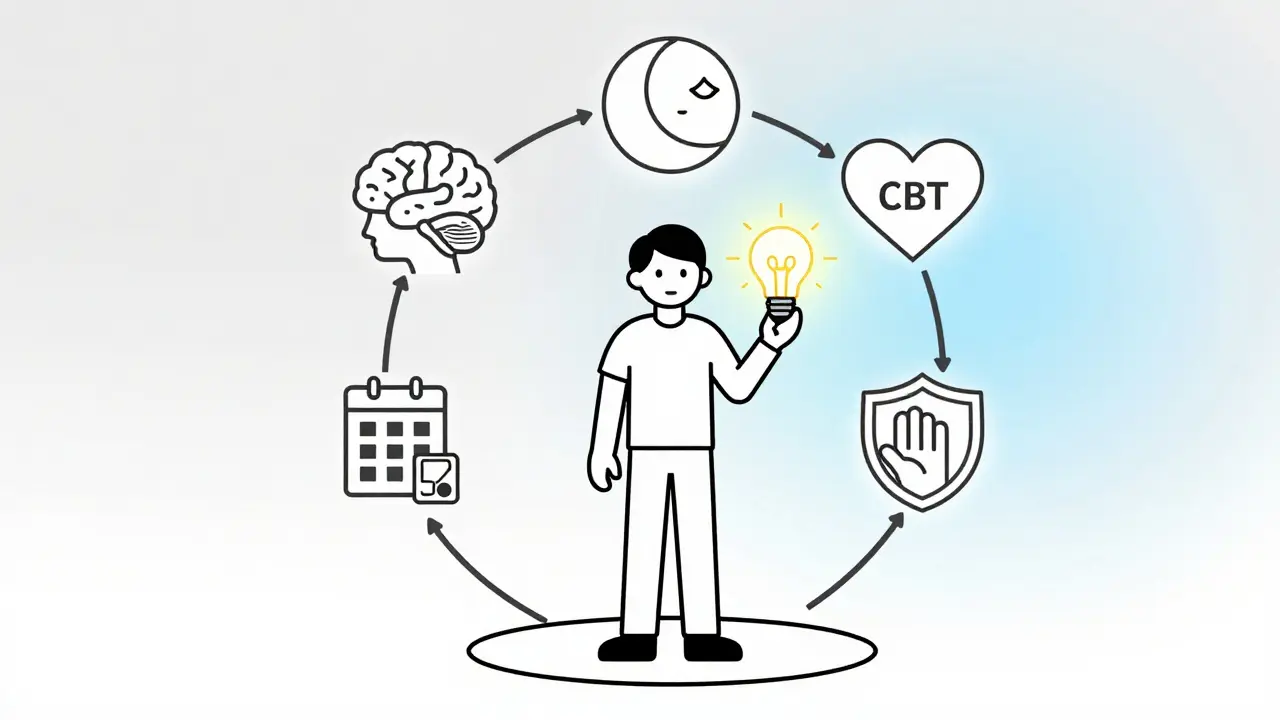 A person holding diazepam and a lightbulb, surrounded by icons representing therapy, sleep, and support.