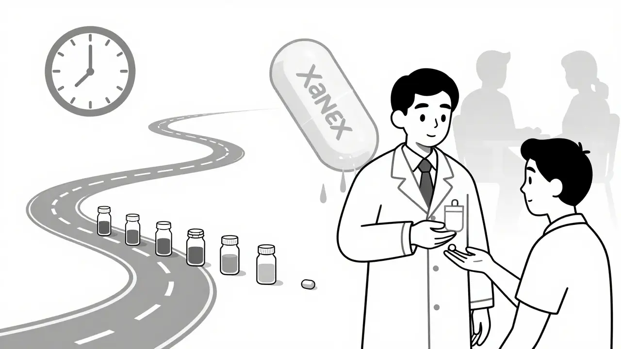A pharmacist handing a reduced-dose pill as an old one dissolves, with a timeline of shrinking pills.