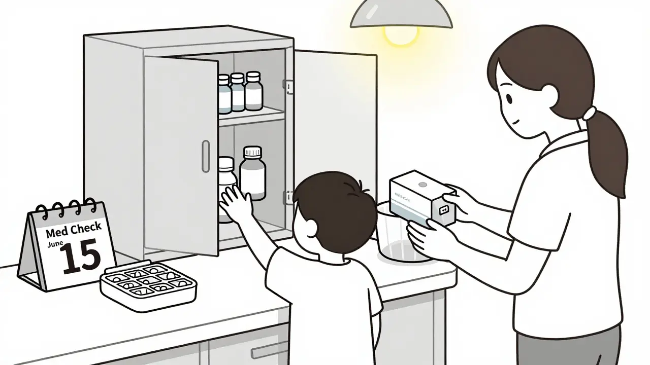 Adult preventing child from accessing medicine cabinet, with locked box and expired pills in trash.