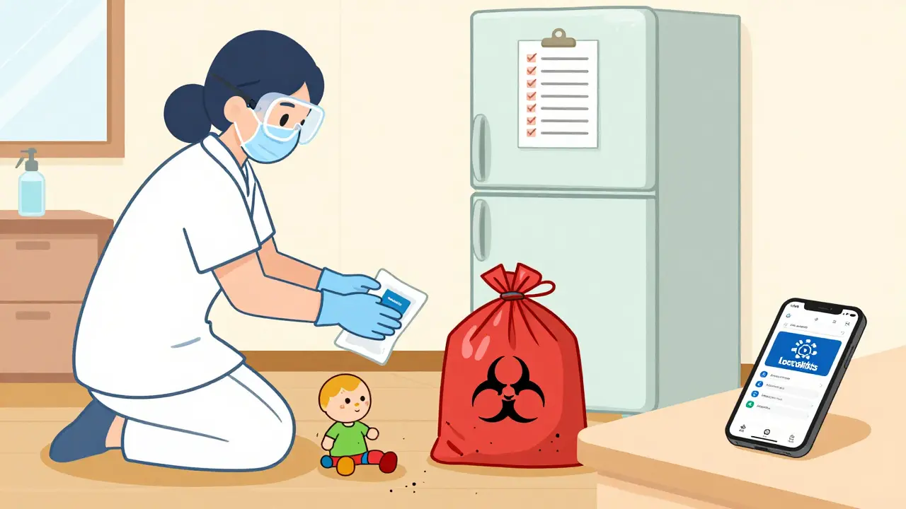 Caregiver cleaning a chemotherapy spill at home using a safety kit while a child's toy is visible nearby.