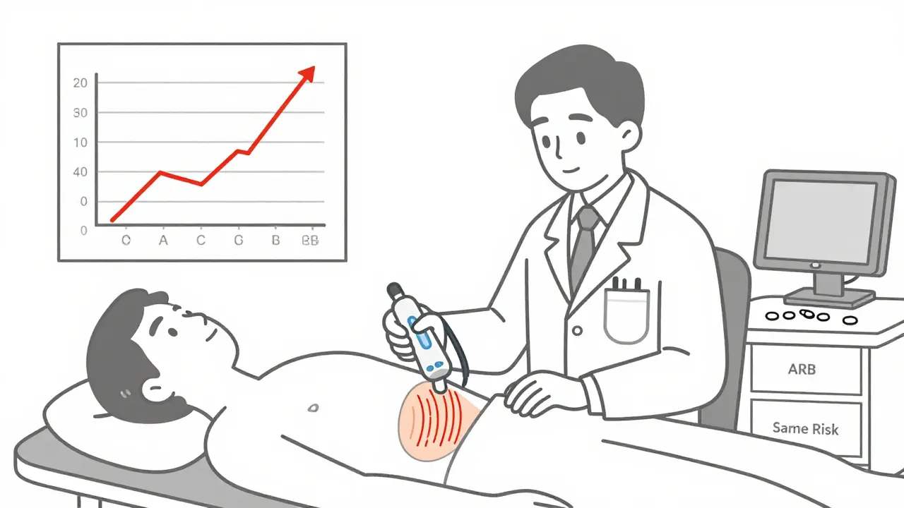 Doctor performing renal ultrasound on patient, with rising creatinine chart and unused ARB pills nearby.