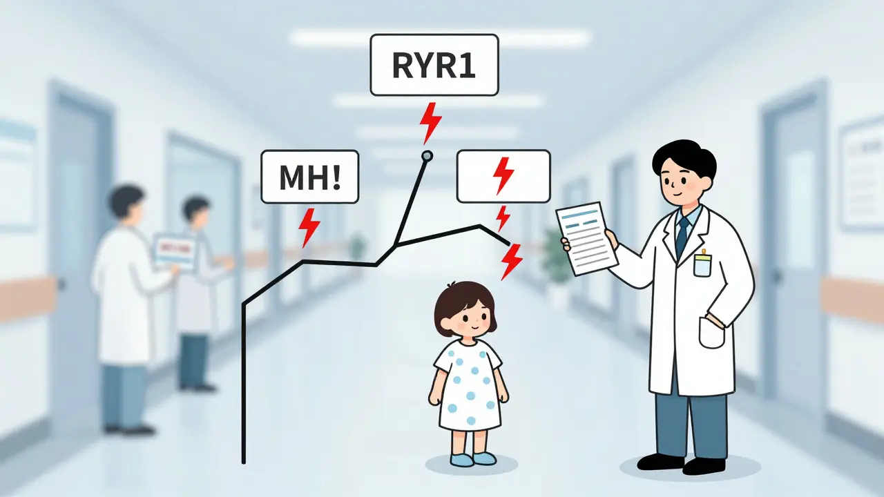 Family tree with genetic risk markers leading to a child at risk for malignant hyperthermia.