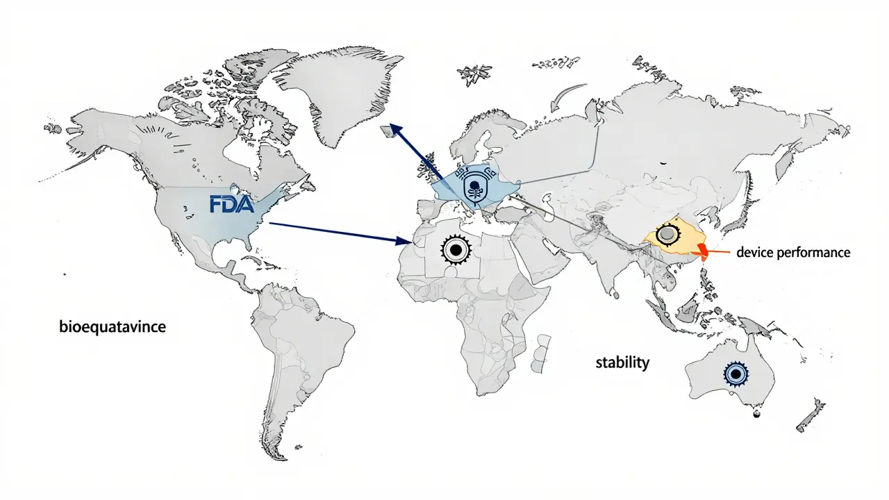 Global map with regulatory icons and puzzle pieces representing bioequivalence challenges.