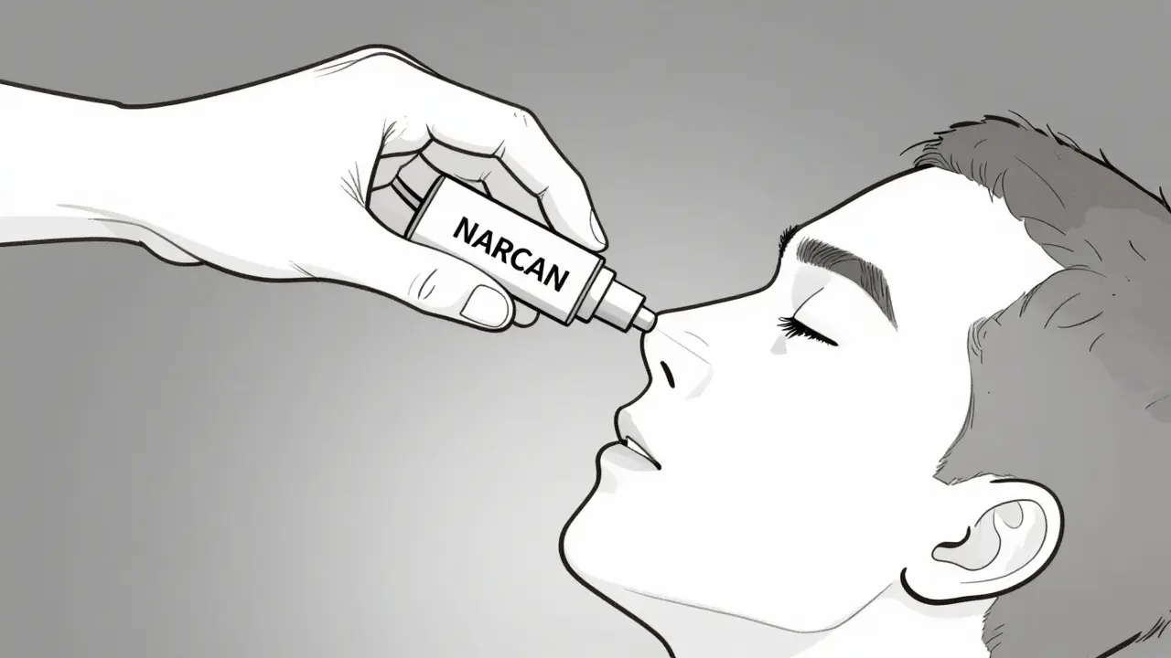 Hand correctly inserting naloxone nasal spray into a nostril