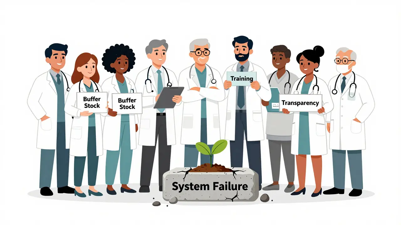 Healthcare workers and patients united around symbols of systemic solutions