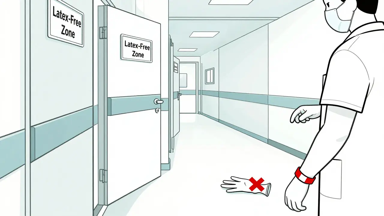 Hospital hallway with latex-free signage and medical alert bracelet, discarded glove marked with X