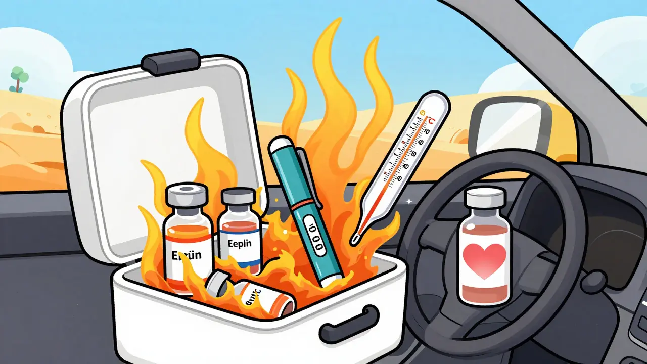 Insulin and EpiPen in a hot car, overheated and losing effectiveness.