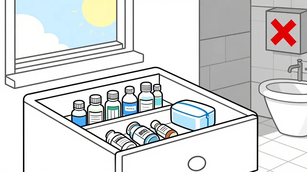 Medications safely stored in a cool, dry bedroom drawer.