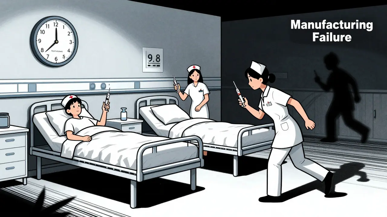 Nurses rushing with alternative medications under a clock showing 9.8 months