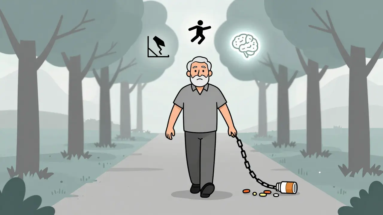 Older man walking freely, harmful pill bottles breaking behind him, brain icon glowing.