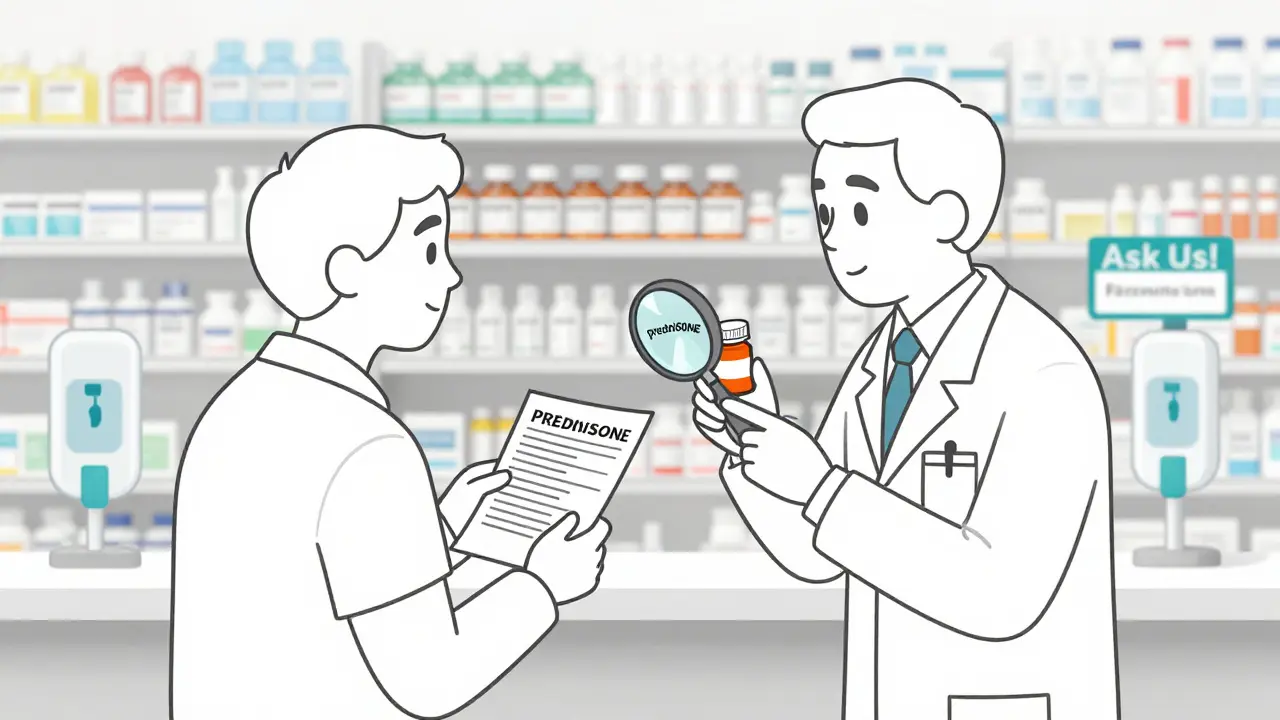 Patient and pharmacist reviewing a written medication list in a pharmacy.
