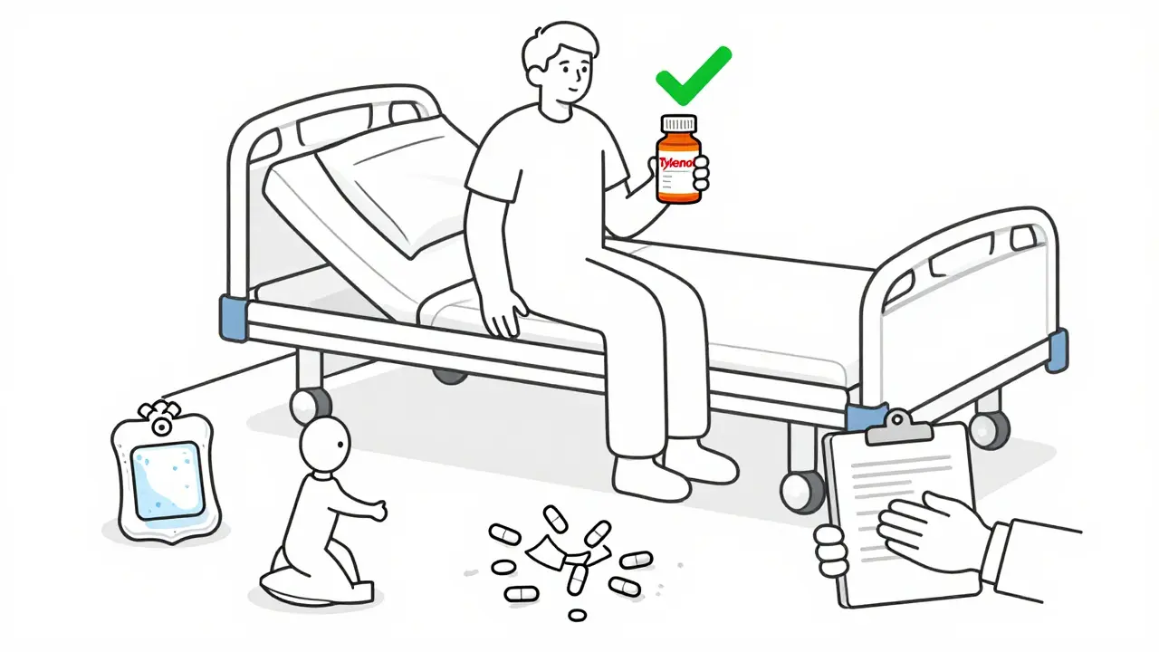 Patient choosing Tylenol over NSAIDs with safe pain relief alternatives nearby