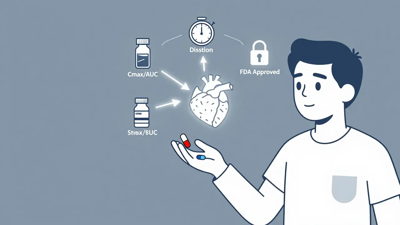 Patient holding two different-colored pills connected to heart and brain, symbolizing equal effectiveness.
