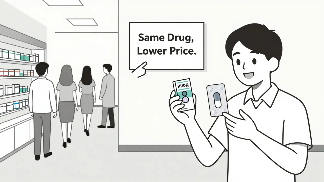 Patient holding two identical pills, one branded and one generic, with pharmacist pointing to a price sign.