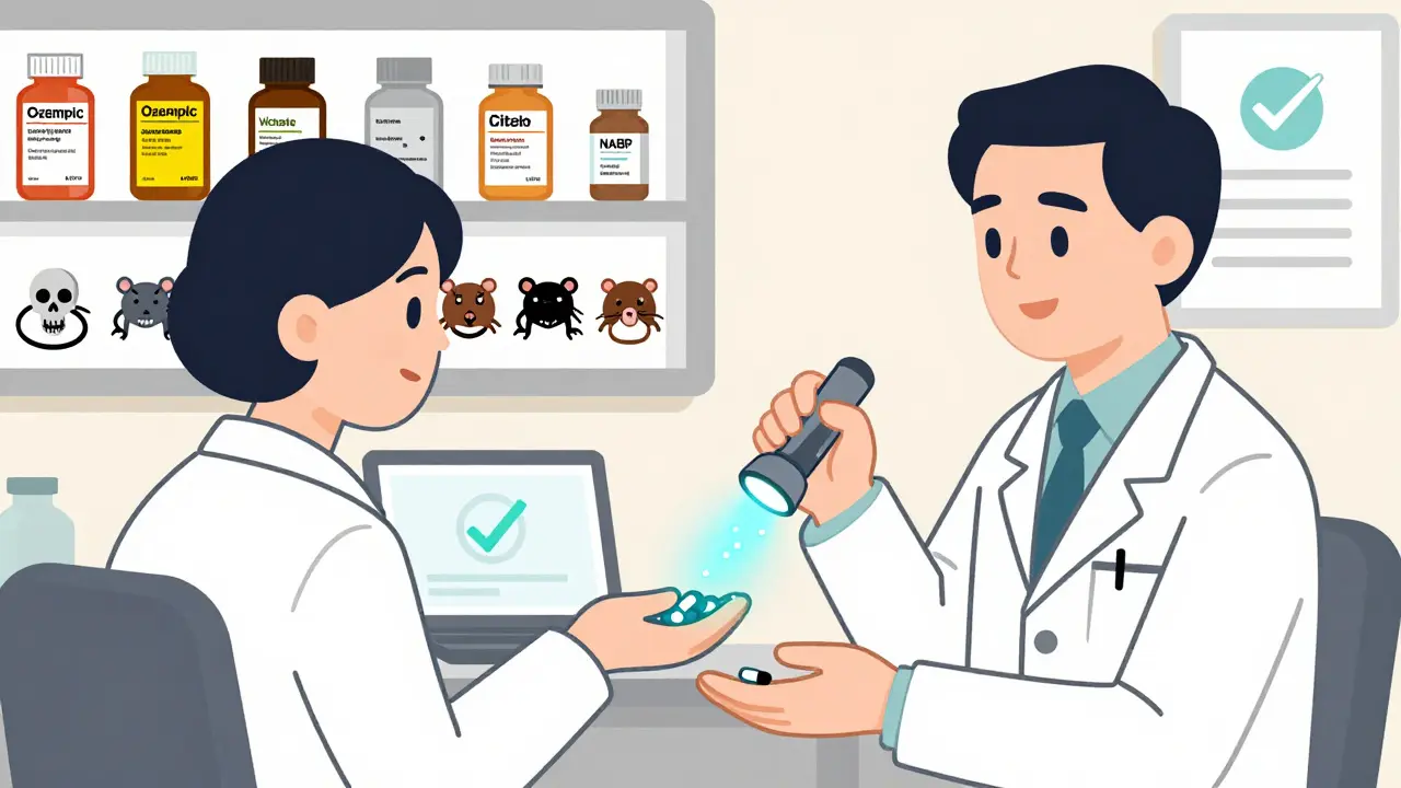 Person giving suspicious pills to a pharmacist who checks them with a UV light.