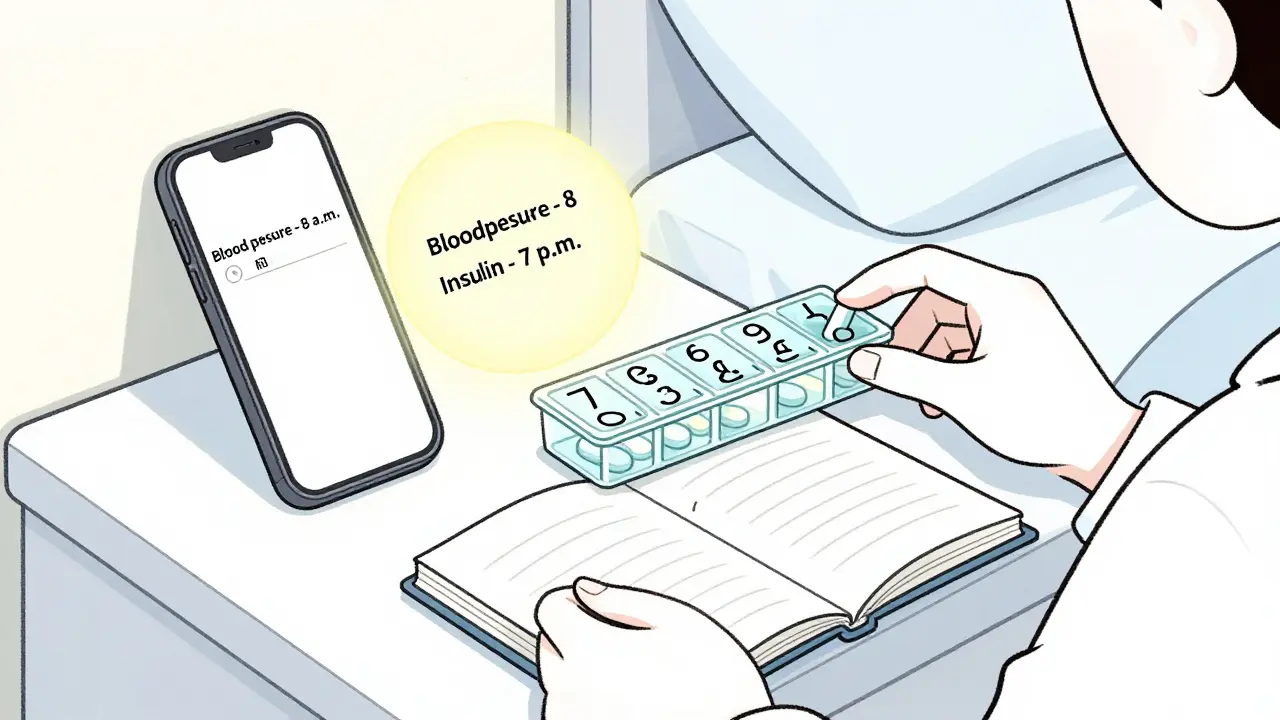 Person organizing weekly pills with phone alarms and handwritten medication log.