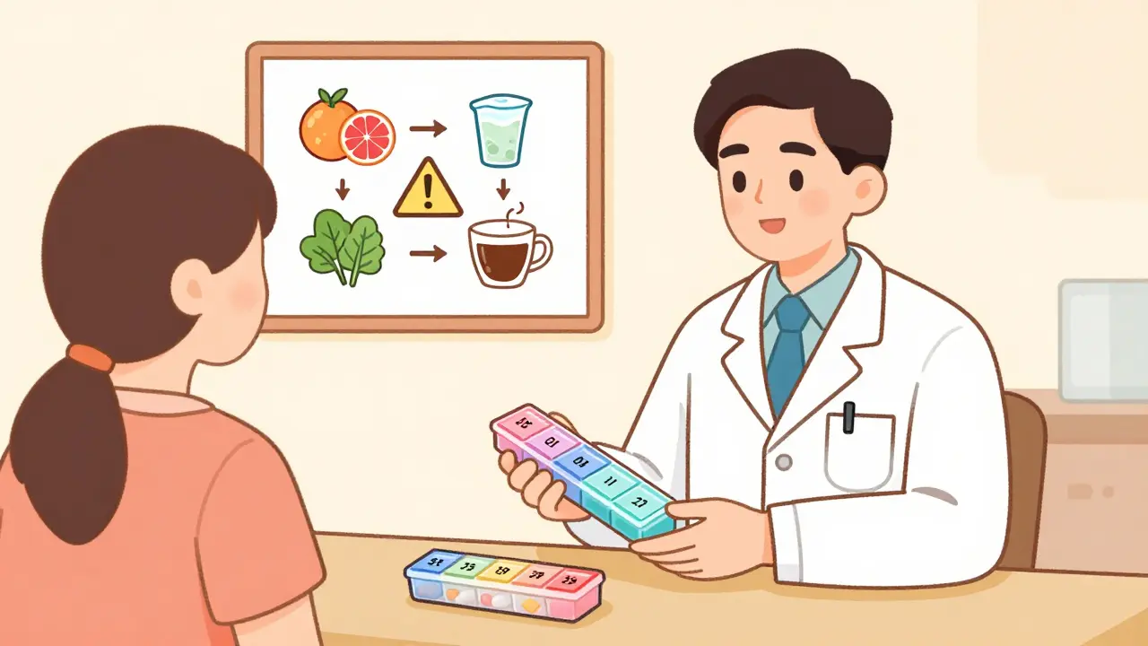 Pharmacist giving pill organizer with food-drug interaction icons on wall chart