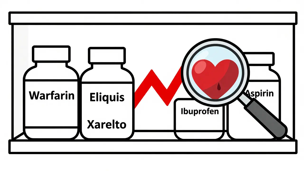 Pharmacy shelf with blood thinners and NSAIDs separated by a fractured red warning line